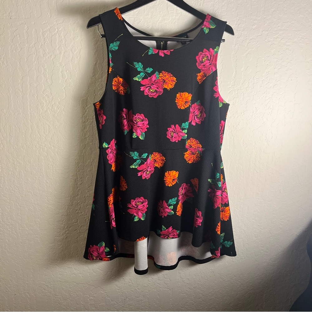 Torrid Black top with Pink, Orange and Green Floral Design